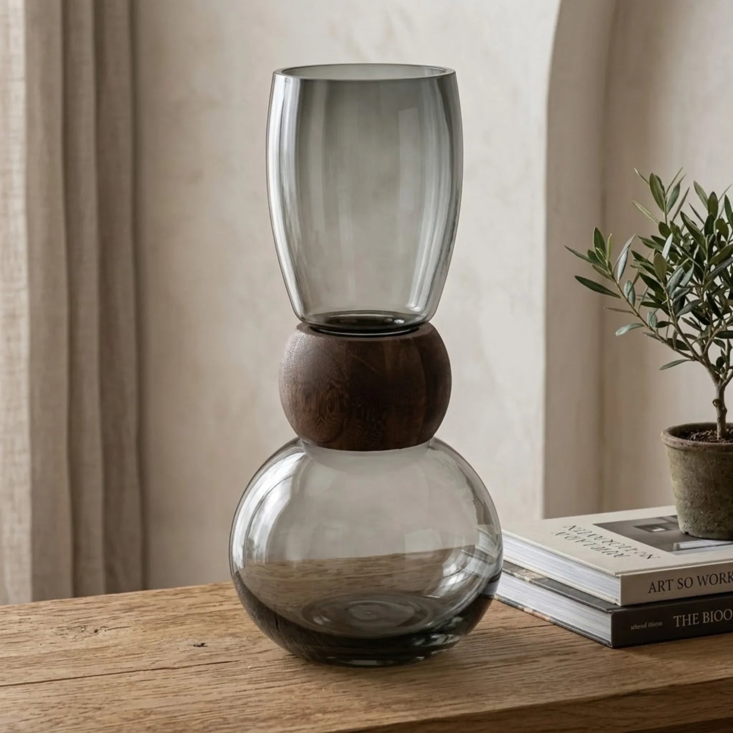glass vase wooden ring black large 13''x6'' china