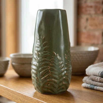 ceramic vase textured leaves green small 10''x4'' china