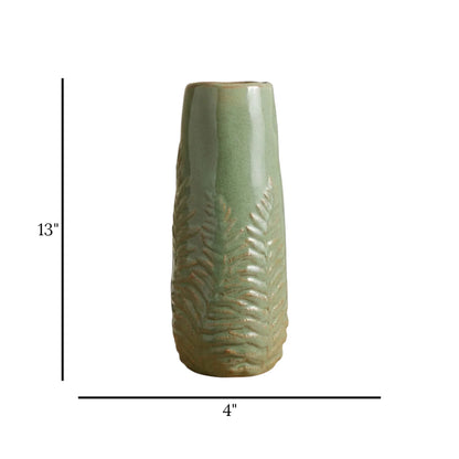 ceramic vase textured leaves green large 13''x4'' china
