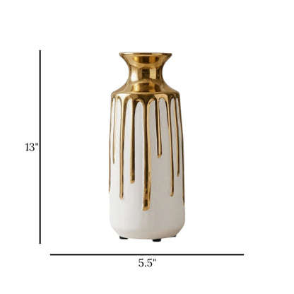 ceramic vase dripping gold white 13"x5.5" china
