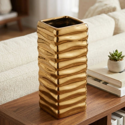 ceramic vase wavy lines rectangular bronze 7.5''x3'' china