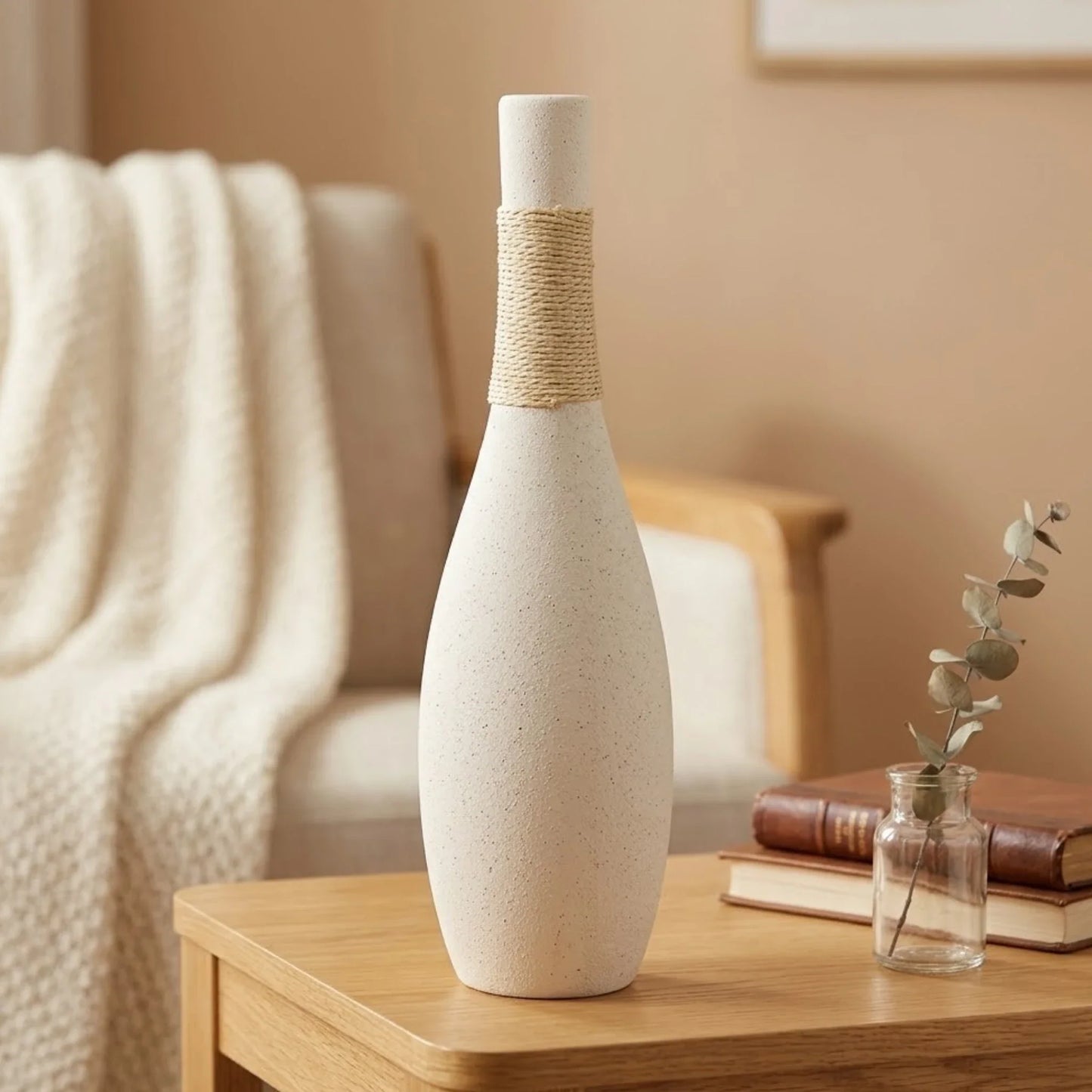 ceramic vase rope wrapped white 14''x3'' china