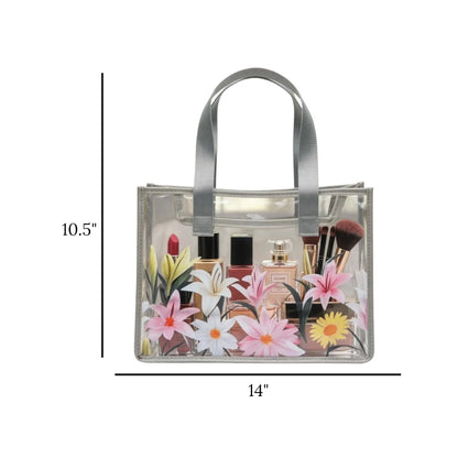floral print transparent makeup pouch and cosmetic organizer bag pvc silver 14"x10.5" china